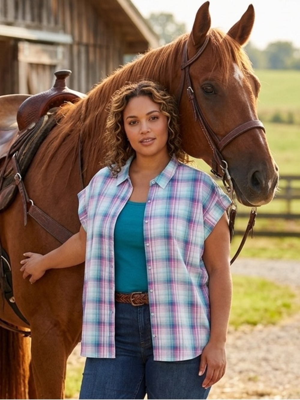 Lee Riders Blouse Top Short/Cap Sleeve Button up Western Style Plaid Size 4X